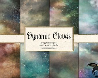 Dynamic Cloud Backgrounds, cloud digital paper, sky backgrounds, cloudy textures printable scrapbook paper, night sky, digital storm clouds