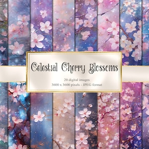 Celestial Cherry Blossom Digital Paper, Starry floral Sakura digitales Papier Fantasy Scrapbook Seiten druckbares Papier sofortiger Download