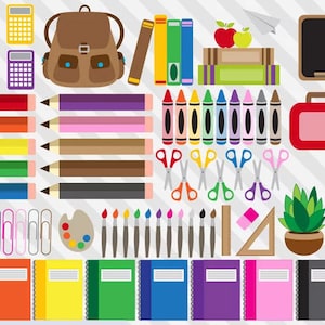 Back to School Clipart, school clip art, pencil, crayon, books, backpack, chalkboard, art supplies vectors instant download commercial use