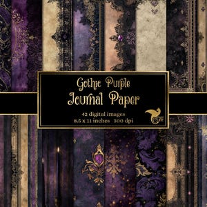 May include: Digital journal paper set with a gothic purple theme. The image features 42 digital images with various designs, including damask patterns, stripes, and lace borders. The paper is 21.6 x 27.9 cm and 300 dpi. The text on the image reads "Gothic Purple Journal Paper".