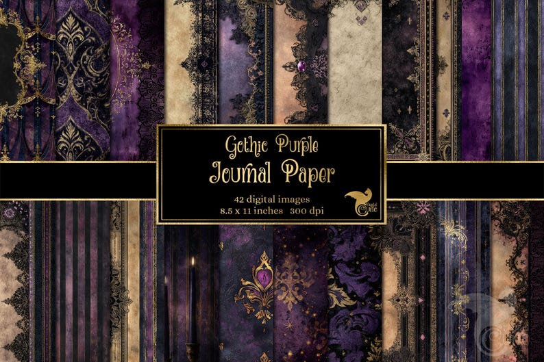 May include: Digital journal paper set with a gothic purple theme. The image features 42 digital images with various designs, including damask patterns, stripes, and lace borders. The paper is 21.6 x 27.9 cm and 300 dpi. The text on the image reads "Gothic Purple Journal Paper".