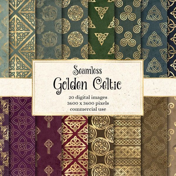 Papier numérique celtique doré, motifs de nœuds celtiques sans soudure et arrière-plans imprimables pour le scrapbooking ou l'utilisation commerciale de journaux indésirables