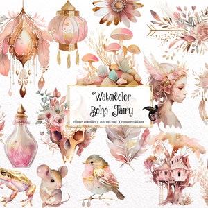Aquarela Boho Fairy Clipart - download instantâneo em formato PNG de fantasia floral para uso comercial