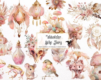 Watercolor Boho Fairy Clipart - fantasy floral PNG format instant download for commercial use