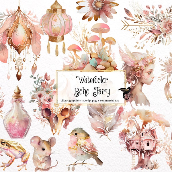 Watercolor Boho Fairy Clipart - fantasy floral PNG format instant download for commercial use