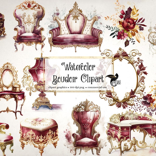 Acuarela Boudoir Clipart, muebles antiguos adornados de Borgoña clip art PNG gráficos descarga instantánea para uso comercial