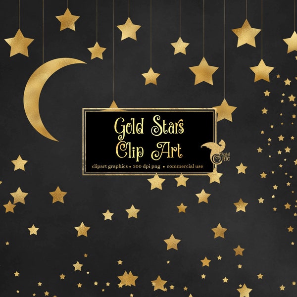 Gold Star Clipart, Glitter Clip Art, Gold foil stars, Celestial Clipart, starry night sky PNG Digital Instant Download Commercial Use