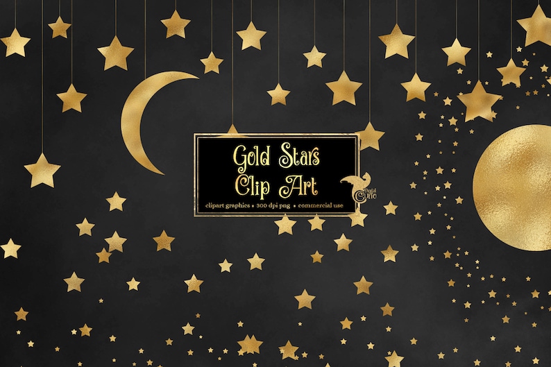 Gold Star Clipart, Glitter Clip Art, Gold foil stars, Celestial Clipart, starry night sky PNG Digital Instant Download Commercial Use image 1