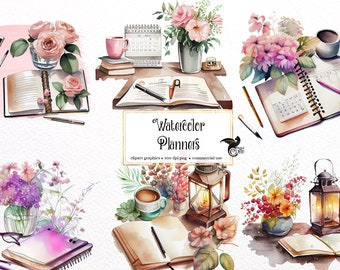 May include: Watercolor illustrations of planners, flowers, coffee cups, and lanterns. The text "Watercolor Planners" is written in a white banner. The text "clipart graphics - 300 dpi png - commercial use" is written below the banner.