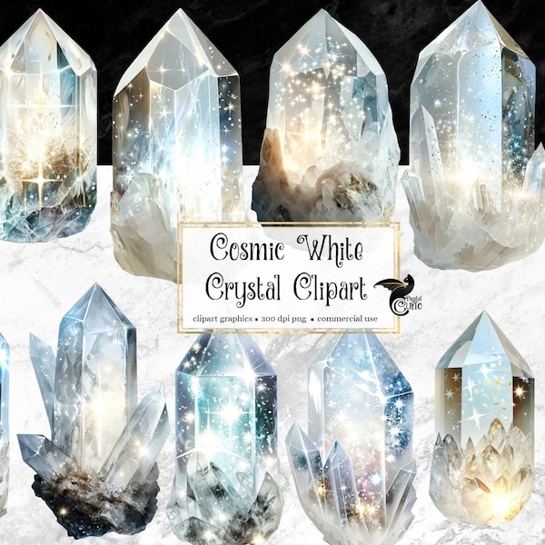 Cosmic White Crystals Clipart, fantasy crystal digital graphic elements clip art instant download for commercial use