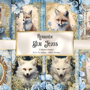Romantic Blue Foxes Journal Paper, carnet de notes papier numérique rococo junk journal pages imprimables 8,5x11 pouces téléchargement instantané