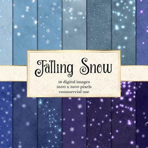 May include: A digital paper pack with 18 images of falling snow in various shades of blue and purple. The images are 3600 x 3600 pixels and are for commercial use. The text "Falling Snow" is displayed in a decorative font.