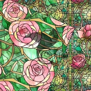 Stained Glass Pink Rose Digital Paper, Seamless Floral Textures ...