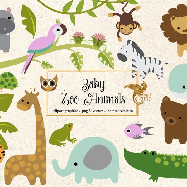 Baby Zoo Animals Clipart - PNG en Vector Clip art Set - Jungle Forest Animals Clipart, Afrikaanse dieren, schattige baby dieren verfraaiingen