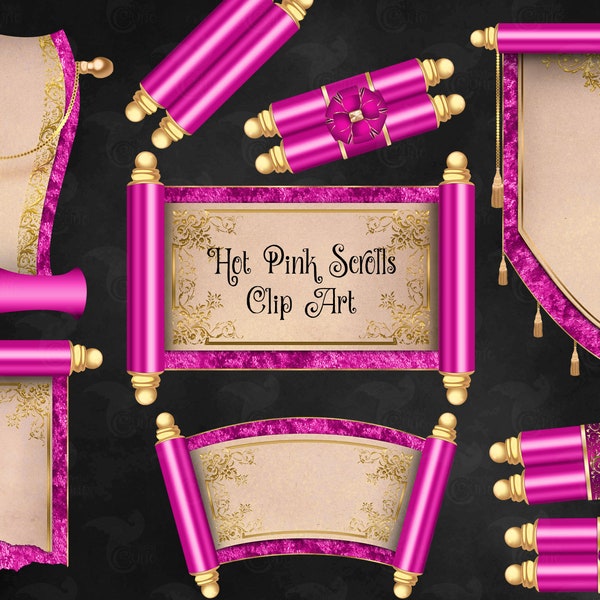 Hot Pink Scrolls Clipart - digital tapestry clip art for magic fantasy designs instant download for commercial use