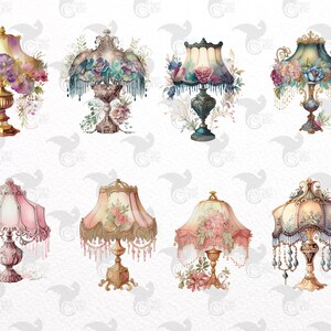 May include: Set of eight vintage-style table lamps with ornate bases and colorful lampshades. The lampshades feature floral designs and beaded fringe.