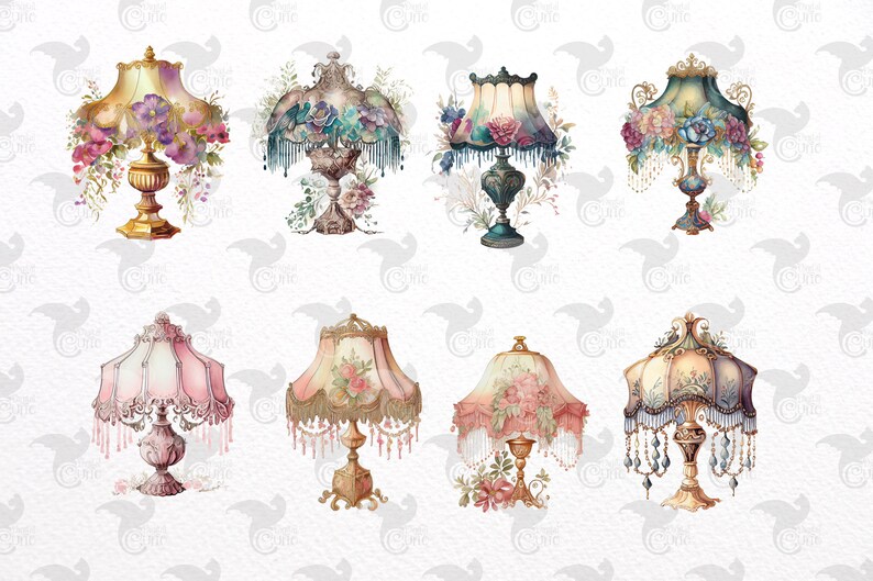 May include: Set of eight vintage-style table lamps with ornate bases and colorful lampshades. The lampshades feature floral designs and beaded fringe.