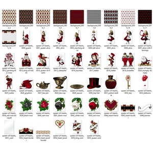 May include: A set of digital clipart images featuring various elements from Alice in Wonderland, including characters, objects, and patterns. The images are in a vintage style with red, white, and black colors.