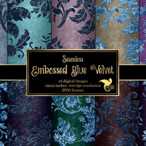 Embossed Blue Velvet Digital Paper - seamless antique backgrounds instant download for commercial use
