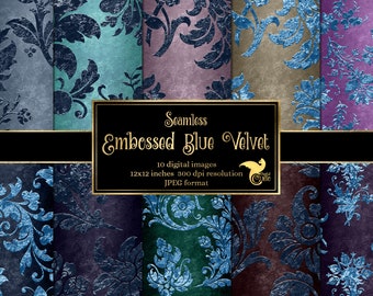 Embossed Blue Velvet Digital Paper - seamless antique backgrounds instant download for commercial use
