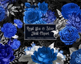 Royal Blue and Silver Floral Clipart shabby wedding rustic navy blue and silver glitter flowers vintage antique clip art embellishments