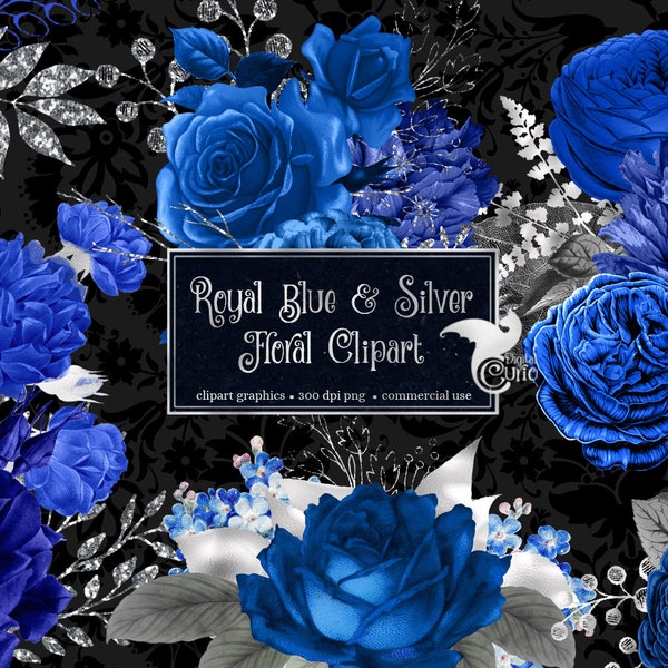 Royal Blau und Silber Blumen Clipart Shabby Hochzeit rustikale Marine blau und silber Glitzer Blumen Vintage antike Clip Art Verzierungen