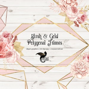 Blush and Gold Polygonal Frames Clipart, modern geometric wedding frame clip art with blush pink and gold foil bouquets