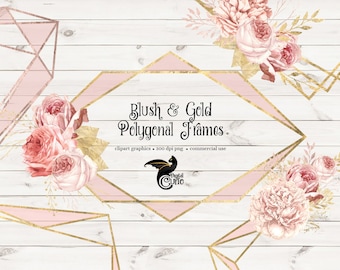Blush and Gold Frames Clipart, Polygonal Geometric Wedding Frames (Digital Download)