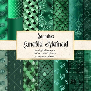 May include: A digital paper pack with 18 seamless patterns featuring emerald green mermaid scales, glitter, and other designs. The text "Seamless Emerald Mermaid" is displayed on a white banner. 18 digital images, 3600 x 3600 pixels, commercial use.
