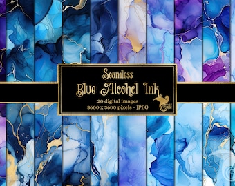 Blue Alcohol Ink Textures, Seamless Liquid Paint Backgrounds (Digital Download)