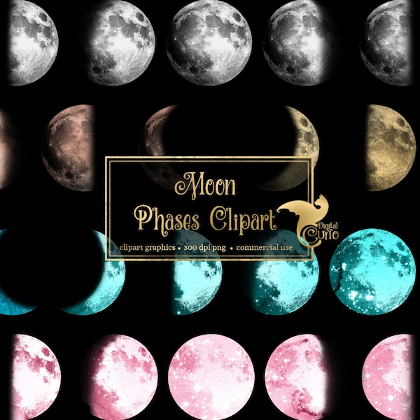 Watercolor Moon Phases Clipart, PNG Graphics (Digital Download)