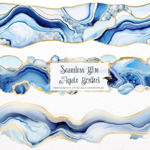 May include: Three seamless blue agate borders with gold accents. The borders are perfect for adding a touch of elegance to any project.