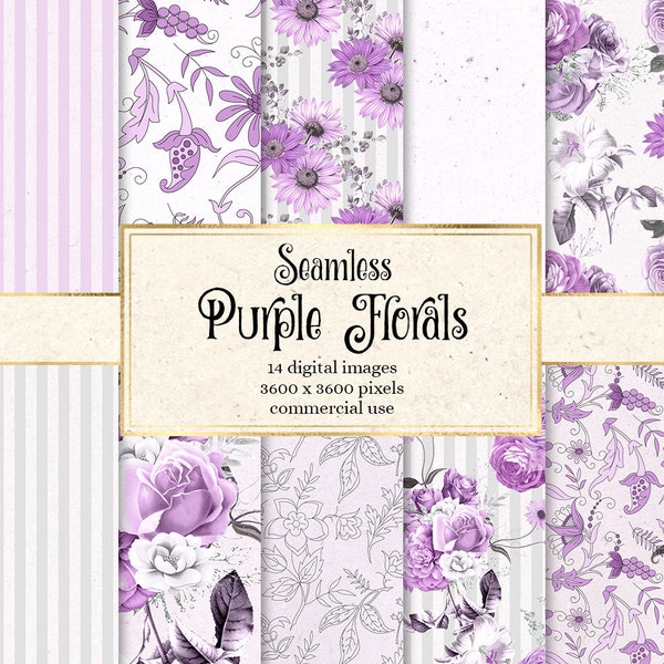 Purple Floral Digital Paper, seamless backgrounds with purple flower bouquets and botanical instant download for commercial use