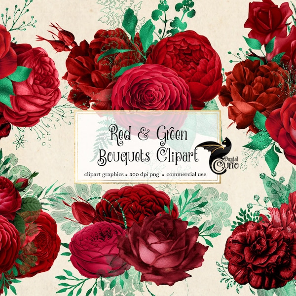 Red and Green Bouquets Clip Art, digital instant download painted vintage flower png embellishments, red rose glitter flowers