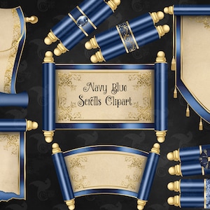 Navy Blue Scrolls Clipart - ClipArt di tappezzeria digitale per disegni fantasy magici download istantaneo per uso commerciale