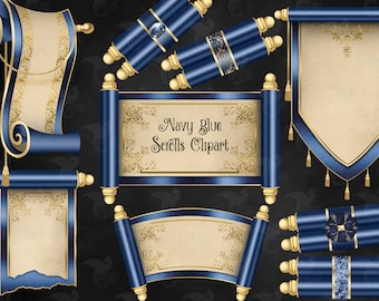 Marineblau und Gold Schriftrolle Clipart – Wandbehang Designs (digitaler Download)
