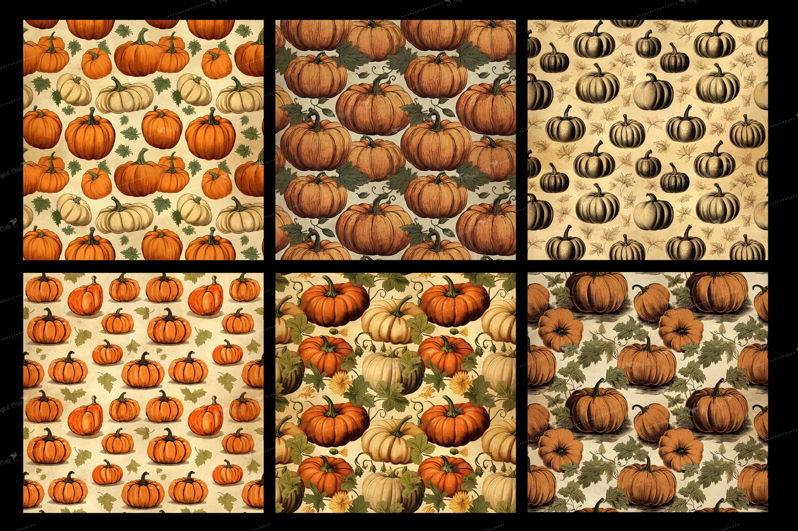 Vintage Pumpkin Digital Paper - Seamless Fall Antique Autumn Patterns ...