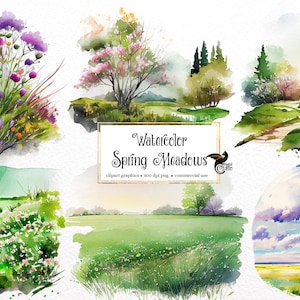 Könnte beinhalten: Aquarell-Illustrationen von Frühlingswiesen mit Blumen, Bäumen und blauem Himmel. Die Illustrationen eignen sich perfekt zum Erstellen von Karten, Einladungen und anderen Projekten.