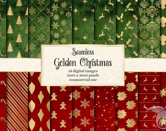 Golden Christmas Digital Paper, Seamless Holiday Patterns (Digital Download)