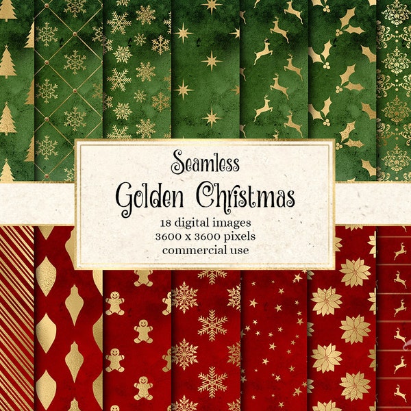 Golden Christmas Digital Paper, seamless backgrounds and patterns Christmas printable scrapbook paper