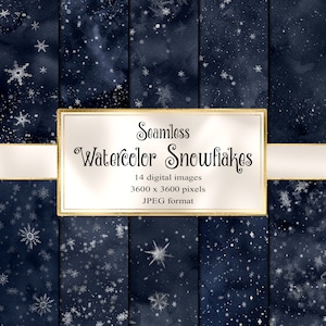 May include: Seamless Watercolor Snowflakes - 14 digital images, 3600 x 3600 pixels, JPEG format. A digital paper pack with a dark blue background and white snowflakes.