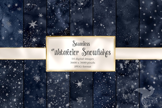 Watercolor Snowflakes Digital Paper – Silver & Navy Seamless Textures (Digital Download)