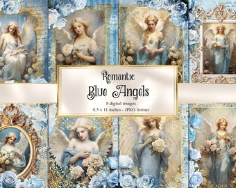 Romántico Blue Angels Journal Paper, cuaderno de papel digital páginas de diario basura rococó imprimibles 8.5x11 pulgadas descarga instantánea