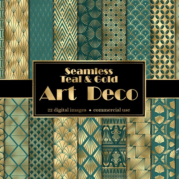 Teal and Gold Art Deco Digital Paper, seamless deco patterns with geometric designs instant download for commercial use