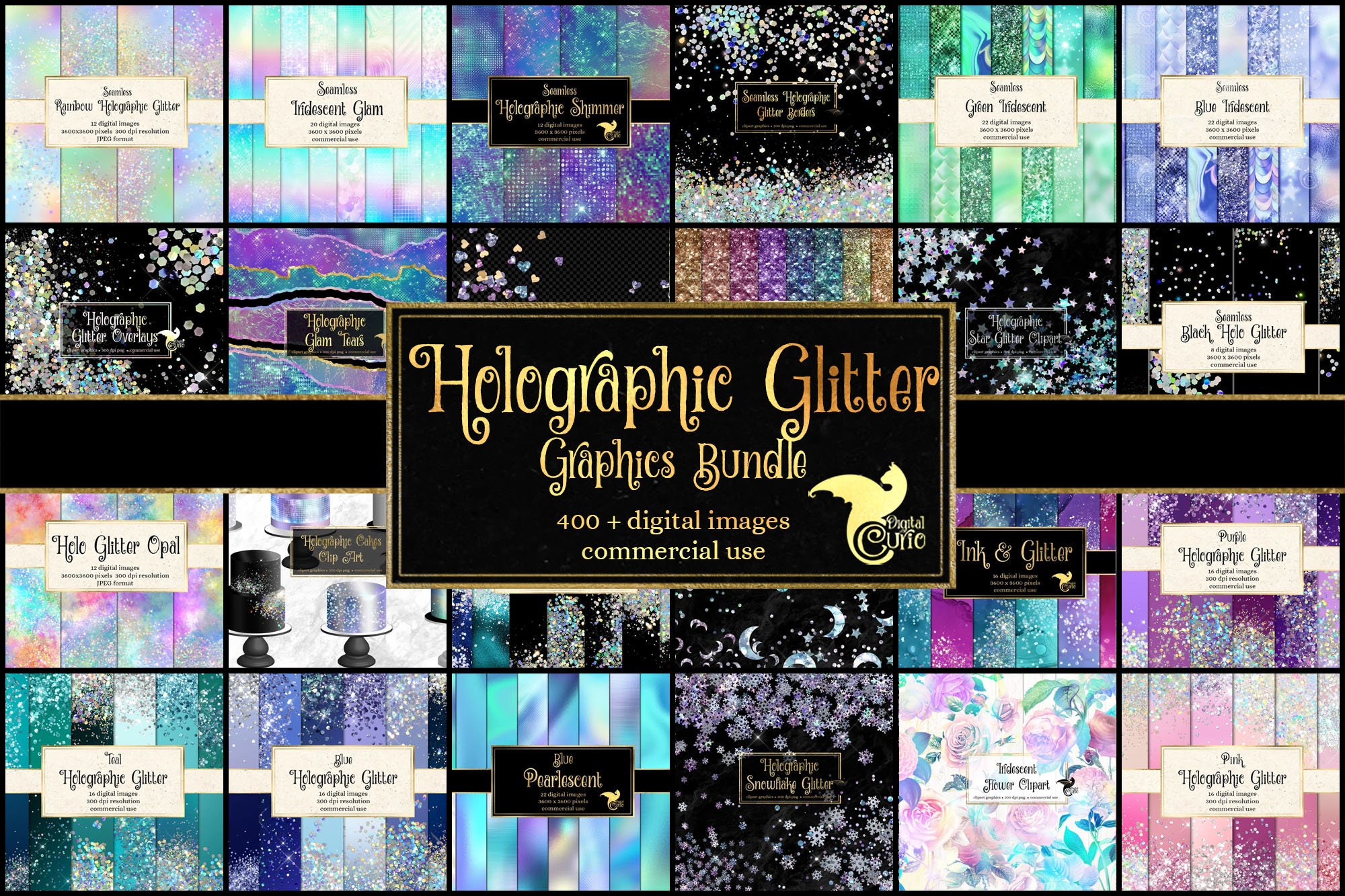 Holographic Glitter Graphics Bundle, glitter clipart, iridescent digital paper, shimmer backgrounds, commercial use