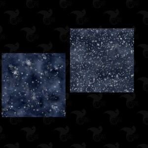 May include: Two digital seamless patterns featuring a dark blue background with white snowflakes and stars. The patterns are perfect for winter-themed projects.