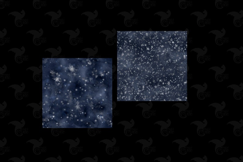 May include: Two digital seamless patterns featuring a dark blue background with white snowflakes and stars. The patterns are perfect for winter-themed projects.