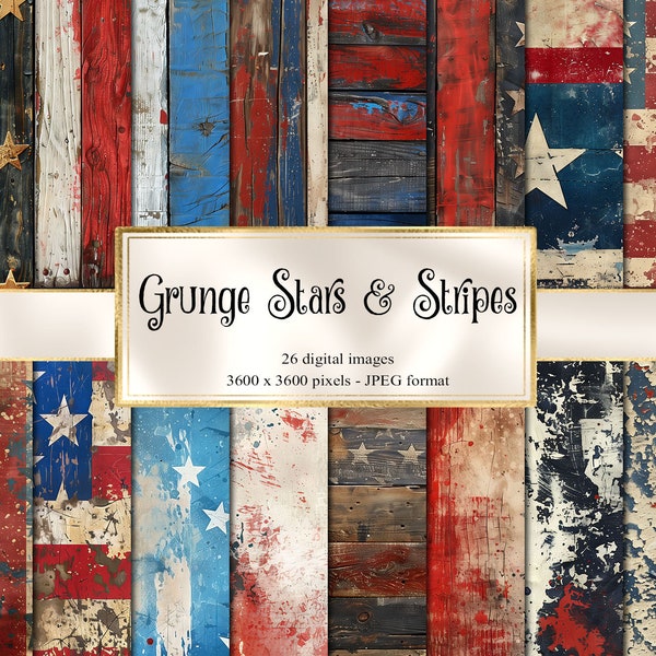 Grunge Stars and Stripes Textures, digital paper backgrounds with distressed vintage textures printable paper for commercial use