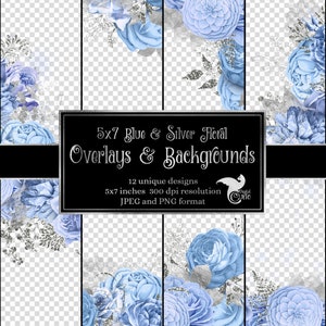 Sobreposições florais azuis e prateadas 5x7 para convites, planejadores, páginas de diário, clipart de flores vintage, molduras de casamento, sobreposições de clip art