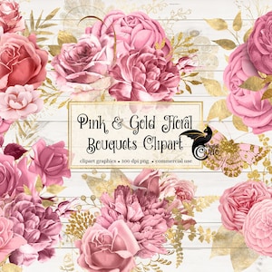 Pink and Gold Floral Clip Art, digital instant download painted watercolor flower png embellishments, pink rose, gold glitter roses